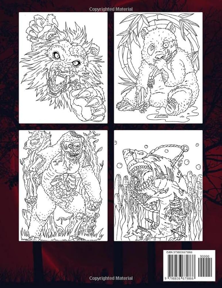 Zombie animals coloring book skeletons skulls and sea animals coloring pages featuring horror illustrations for adults to get fun unwind renee an rena books