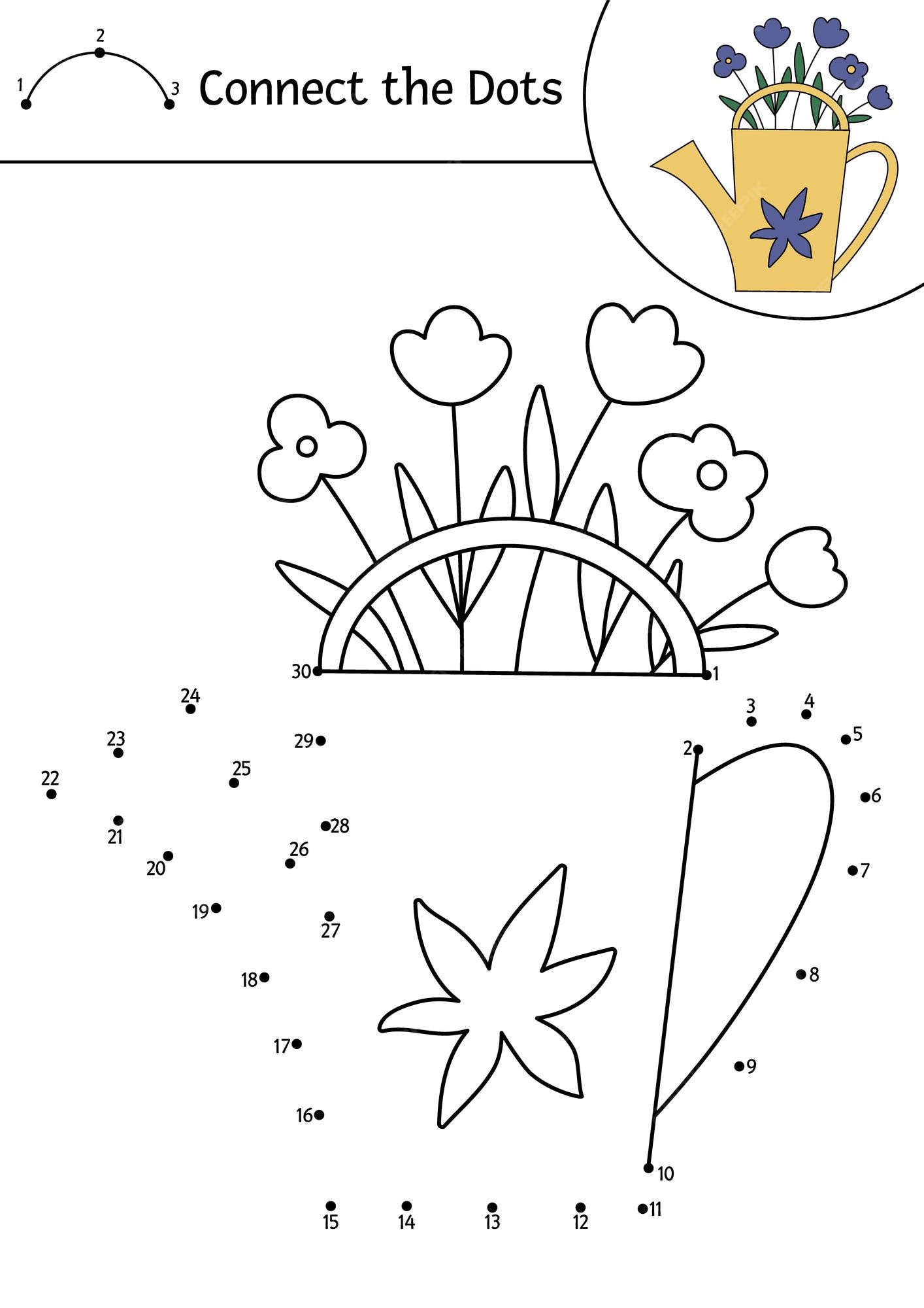 Premium vector vector dottodot and color activity with cute watering can and flowers spring or summer connect the dots game for children easter coloring page for kids garden themed printable worksheetxa