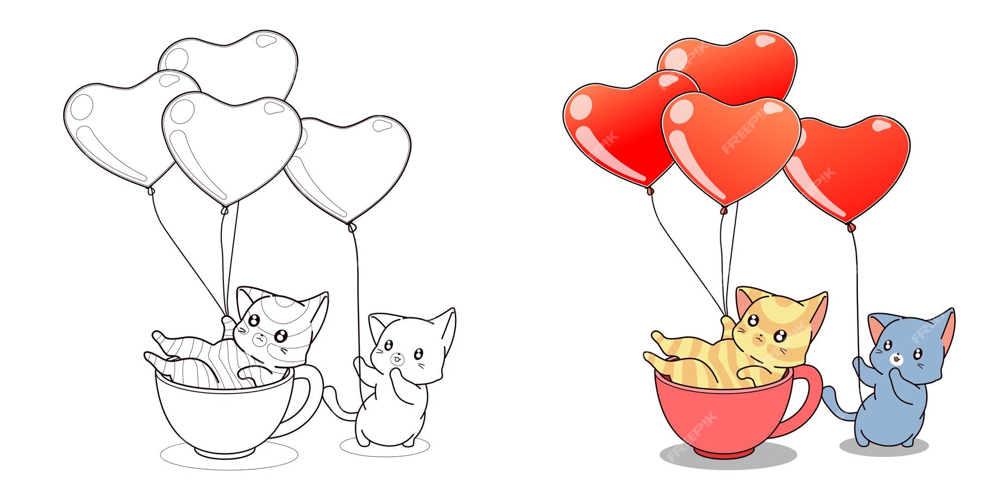 Premium vector cute cats and heart balloons coloring page for kids