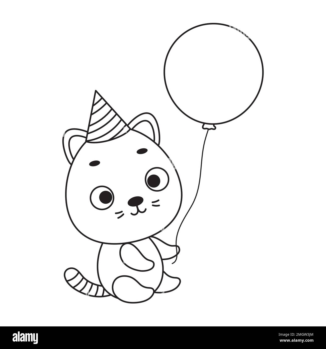 Coloring page cute little cat in birthday hat hold balloon coloring book for kids educational activity for preschool years kids and toddlers with cu stock vector image art