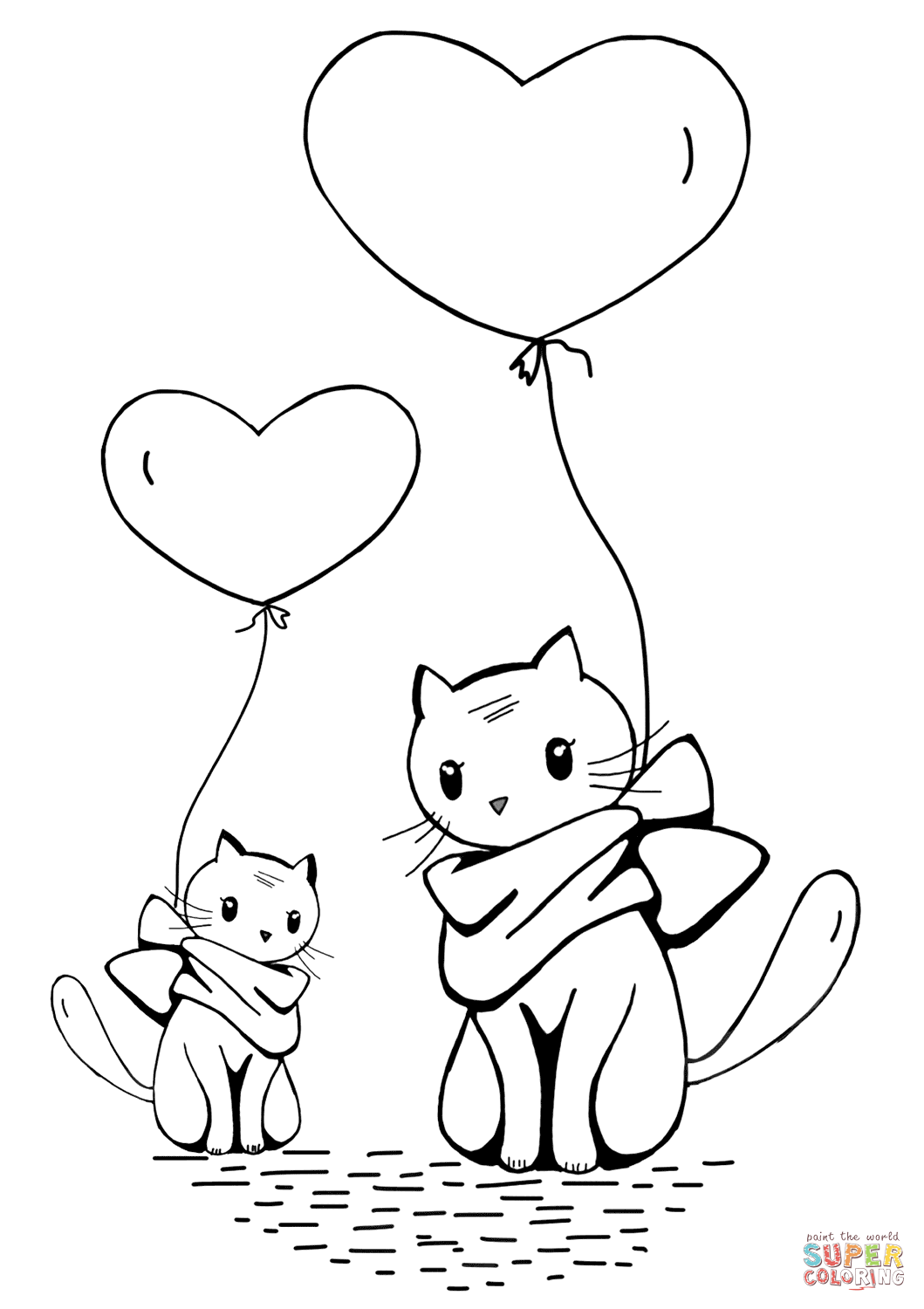 Cats with heart balloons coloring page free printable coloring pages