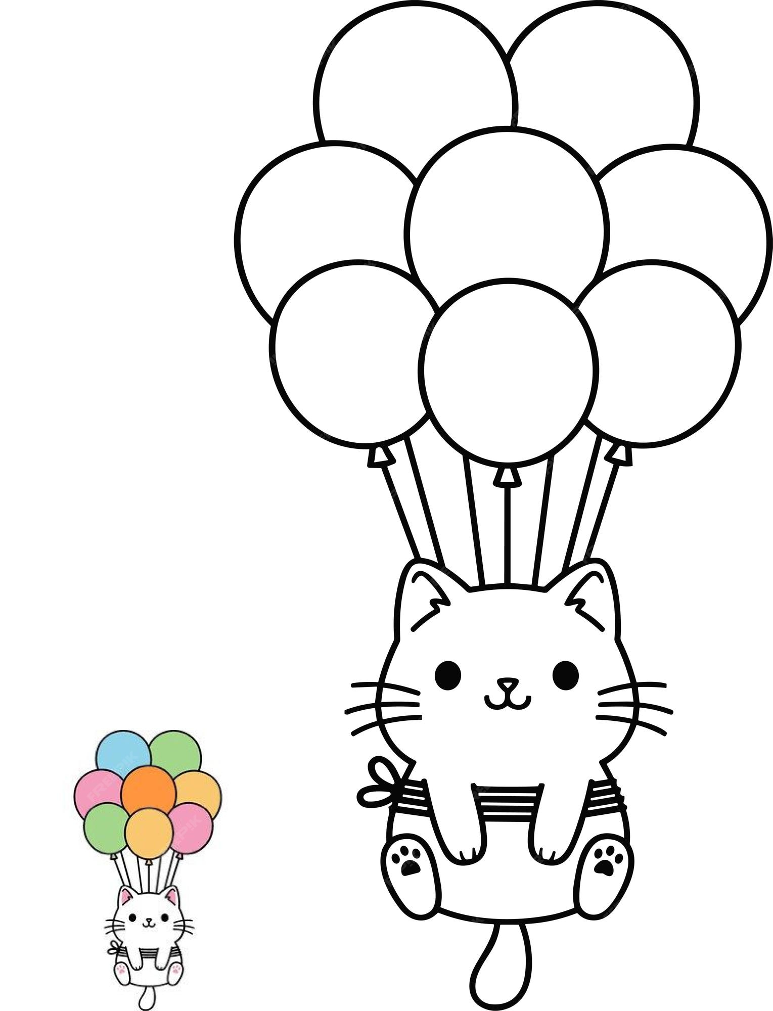 Premium vector cute cat with balloon coloring page