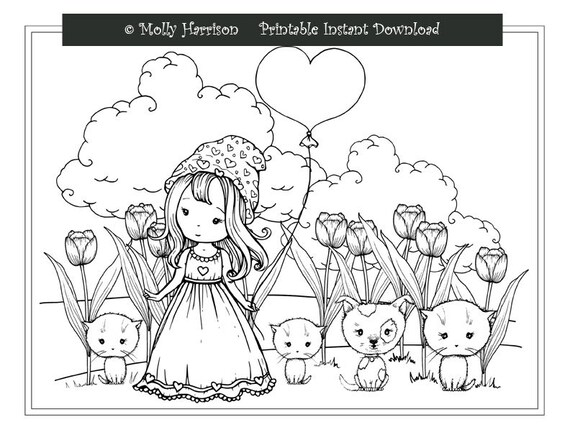 Little girl with heart balloon in garden with cats and dog coloring page line art whimsical world by molly harrison fantasy art