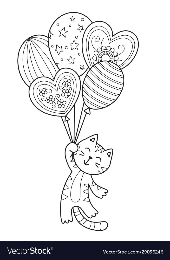 Doodle coloring book page cat with balloons vector image