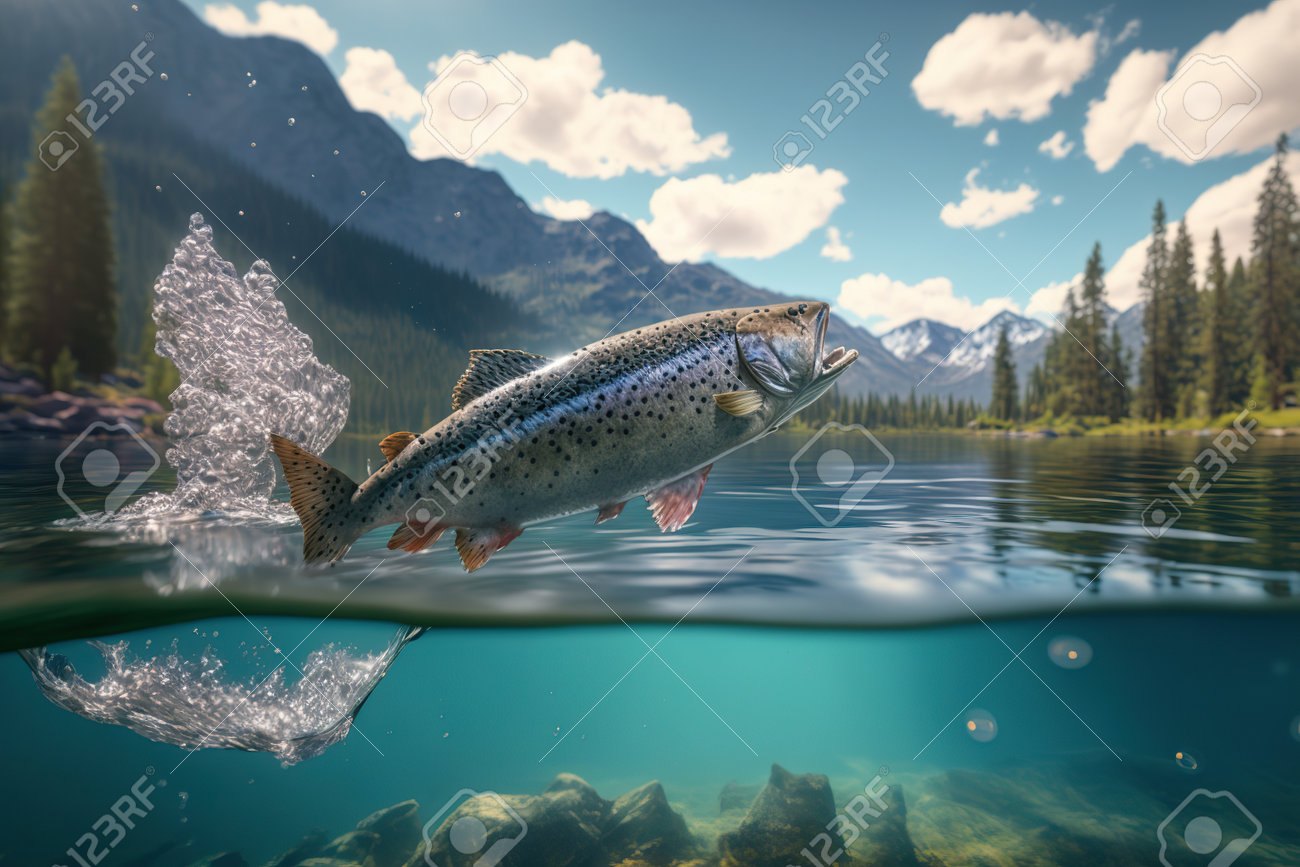 Rainbow trout splashing in the river fishing fish spawning season trout jumping out of the water stock photo picture and royalty free image image