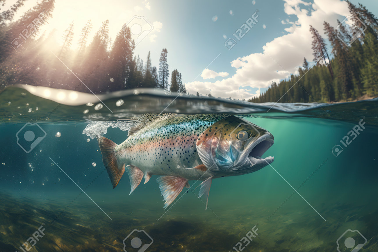 Rainbow trout splashing in the river fishing fish spawning season trout jumping out of the water stock photo picture and royalty free image image
