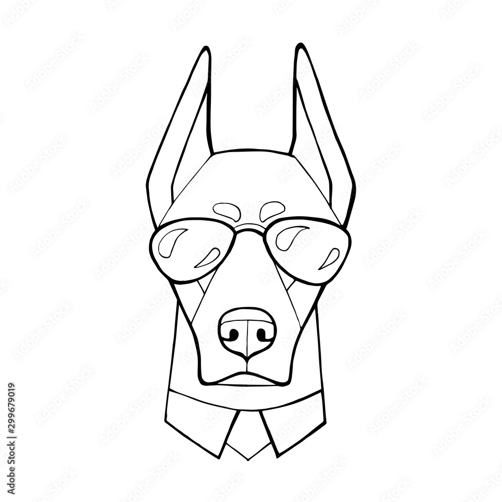 Dog doberman with in a dark glasses vector illustration coloring book page humor poster t