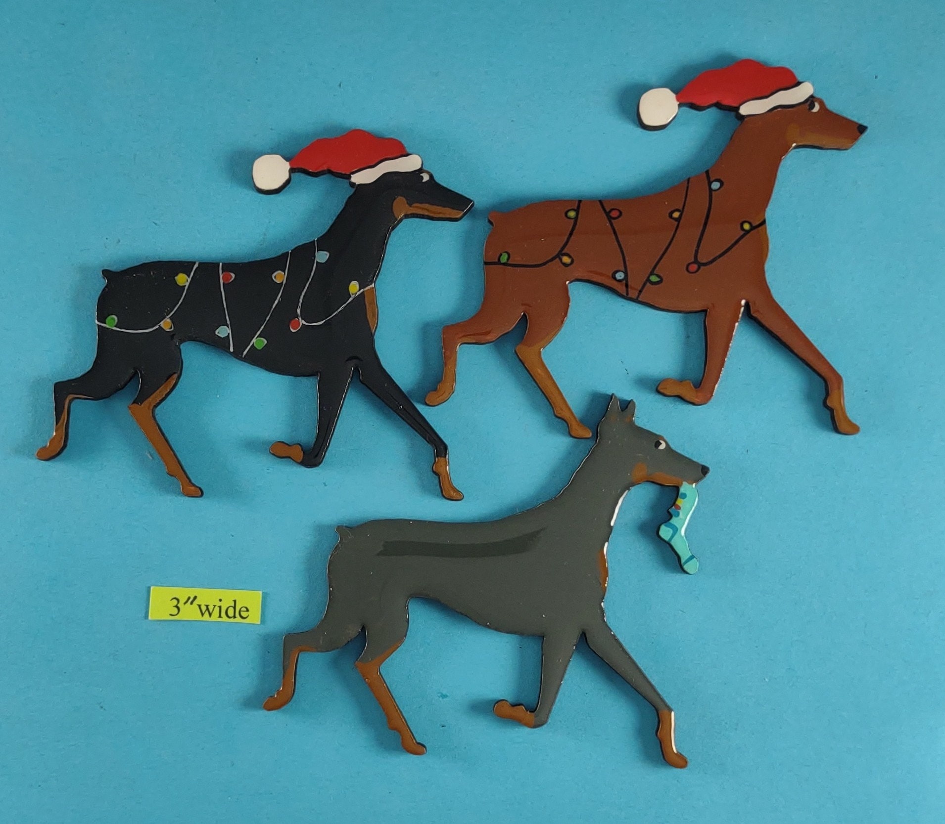 Doberman christmas or plain pin magnet or ornament see all photos for size dogs nameyear colors and custom info hand painted