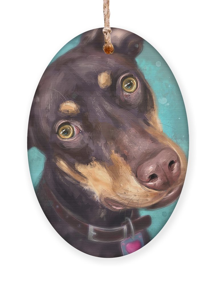 Painting of a cute brown an gold doberman pinscher puppy on blue green background ornament by idan badishi