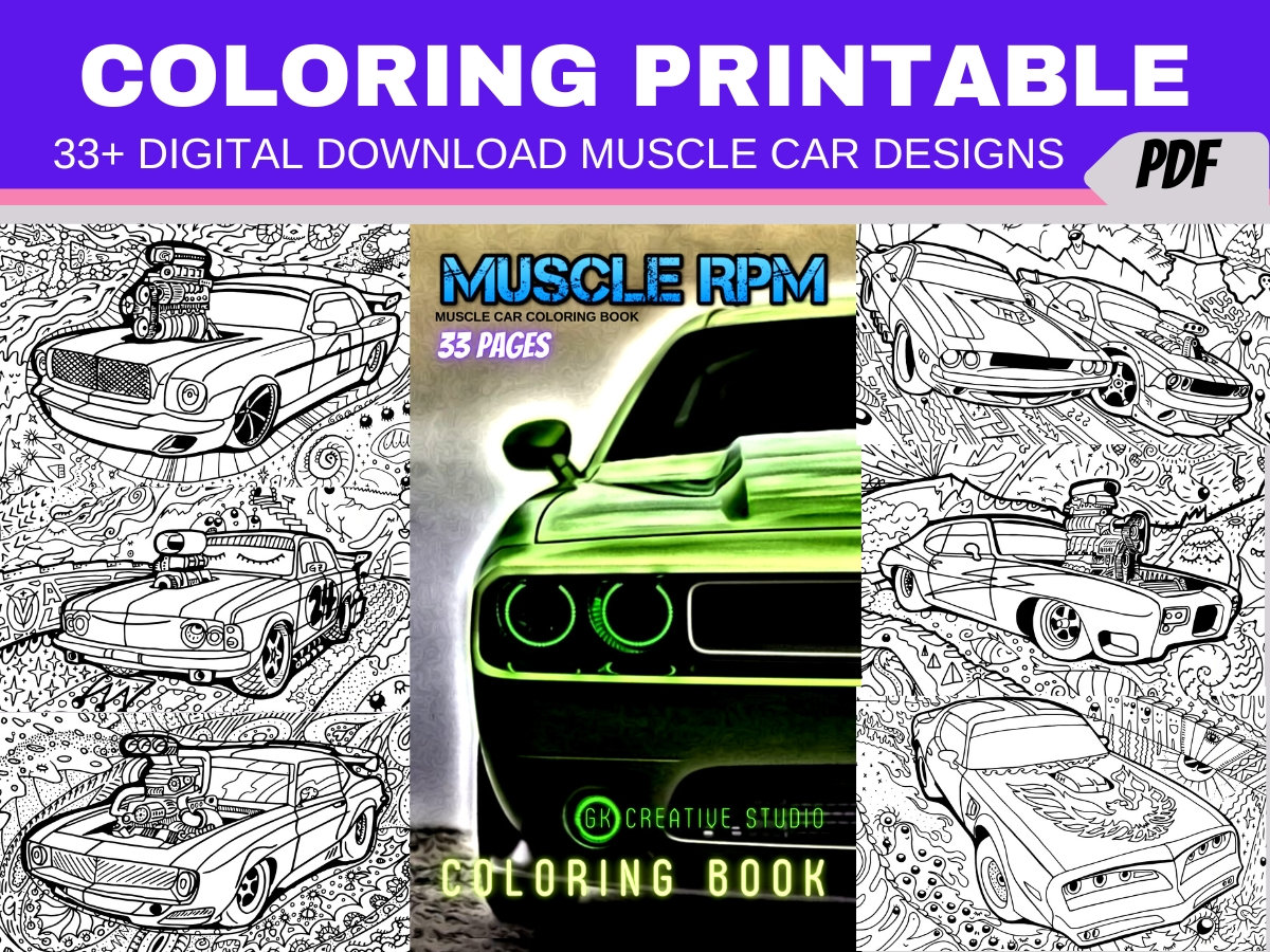 Muscle car coloring pages detailed designs digital download printable adult coloring book pdf