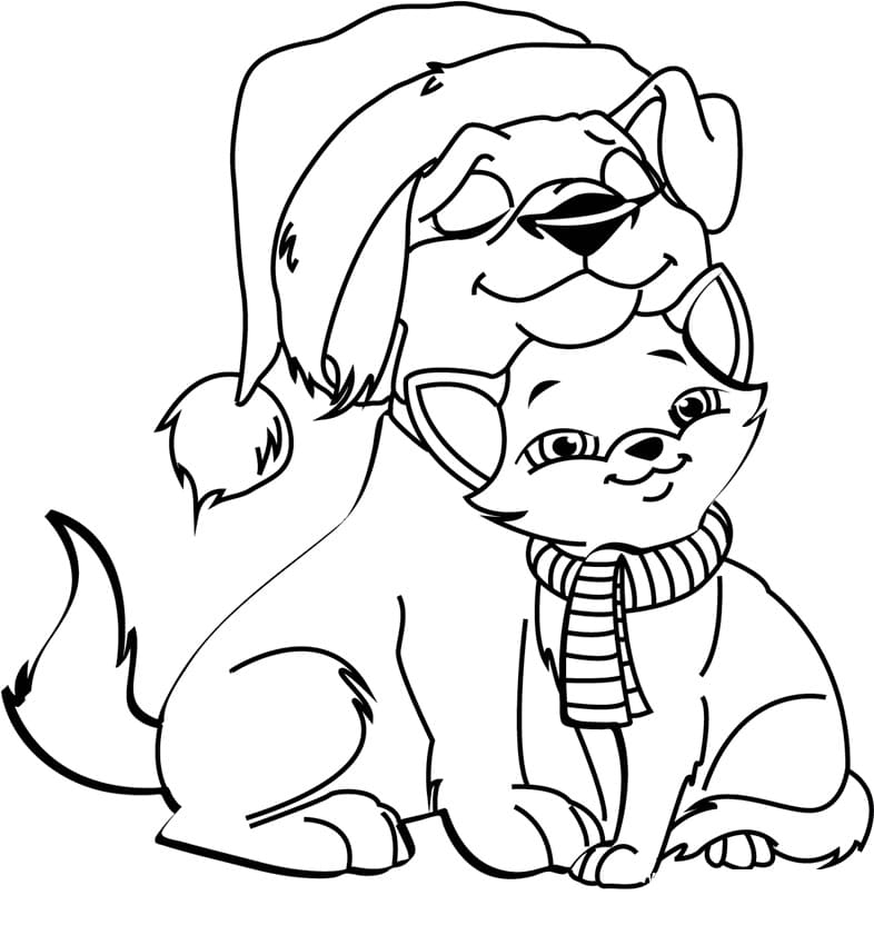 Christmas dog and cat coloring page