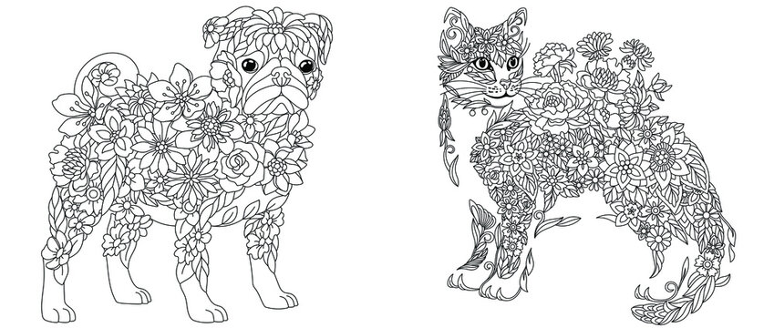 Pug dog and cat coloring pages vector