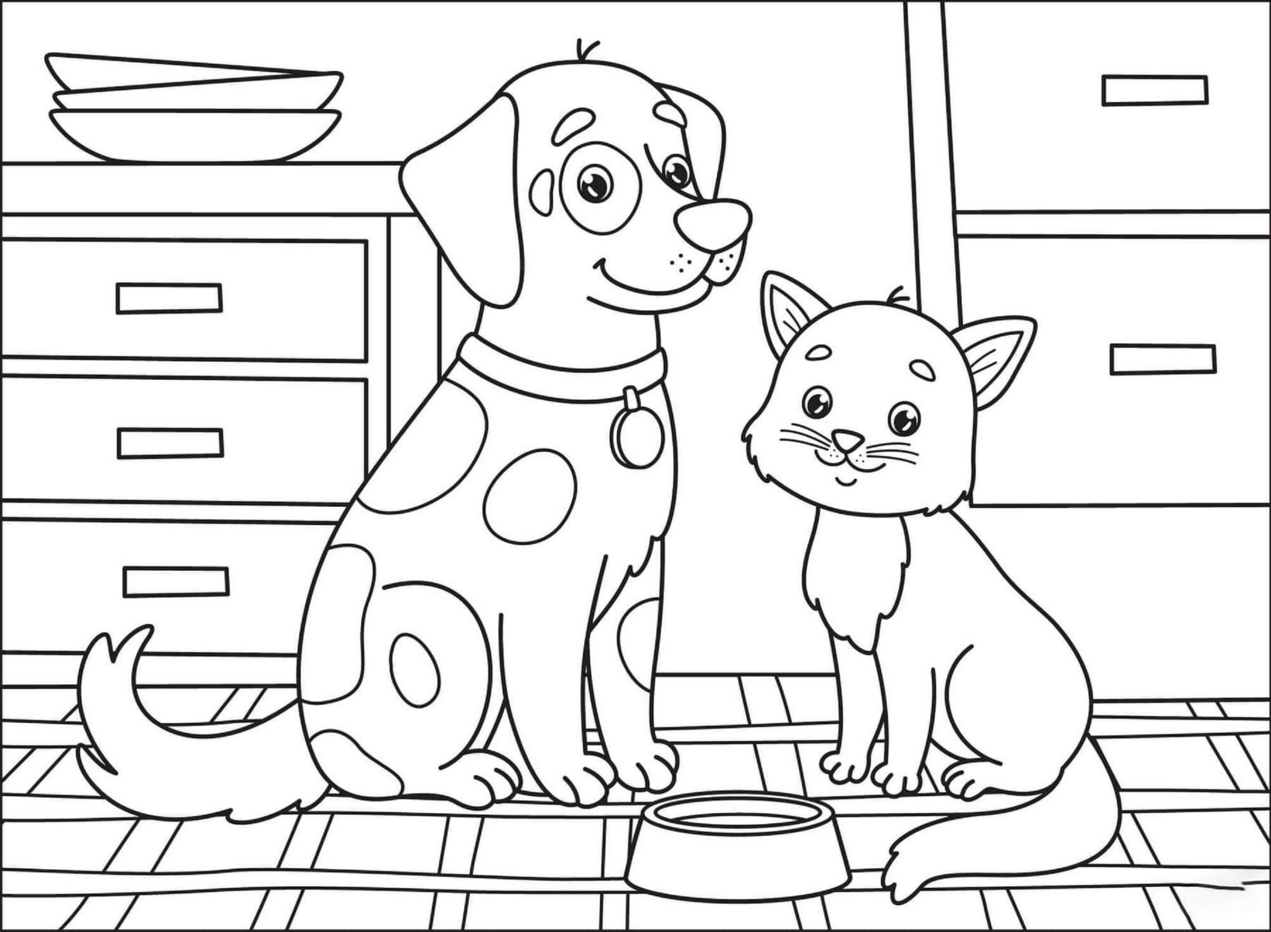 Dog and cat in house coloring page