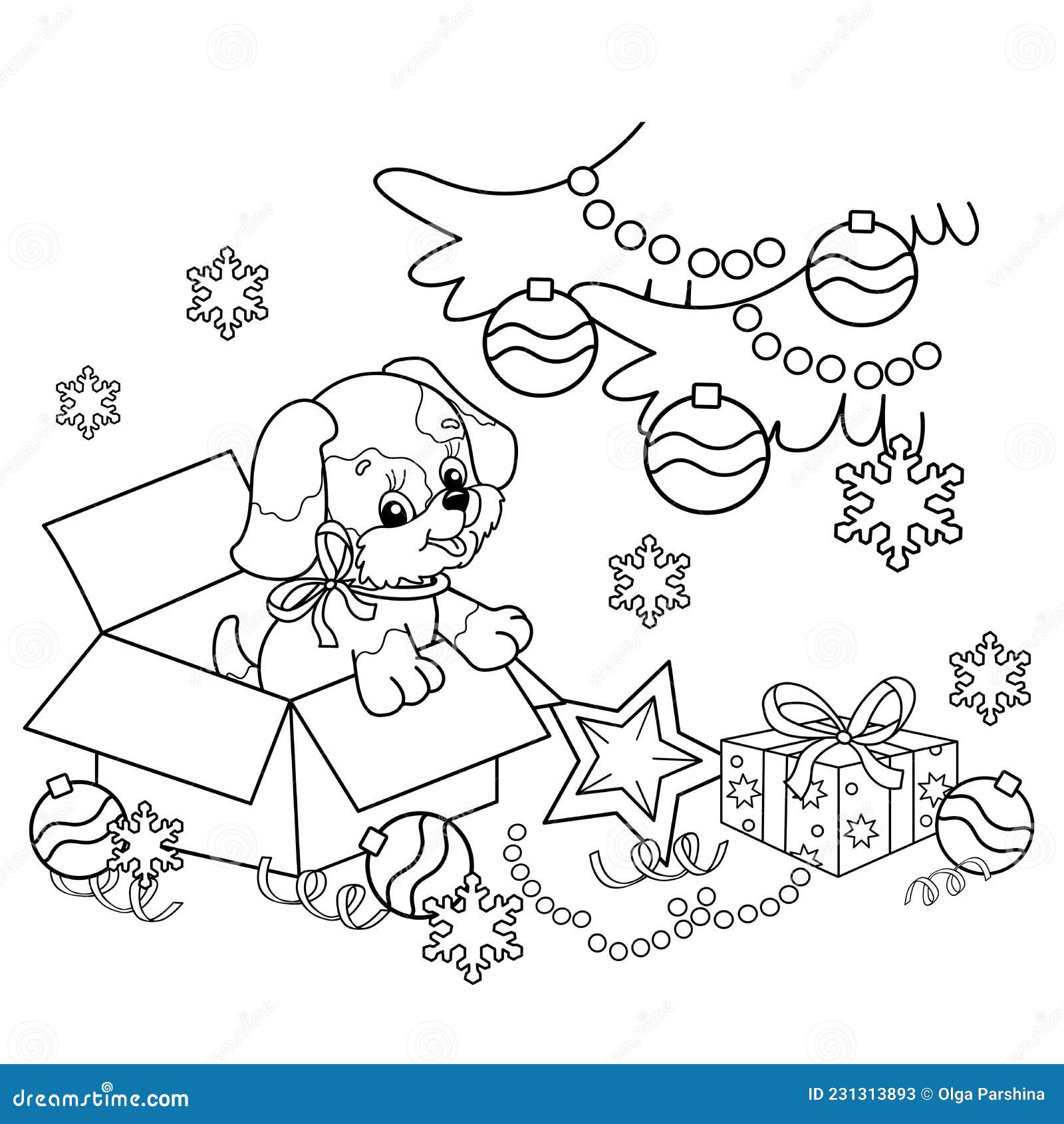 Coloring page outline of christmas tree with gifts and with little dog christmas new year stock vector