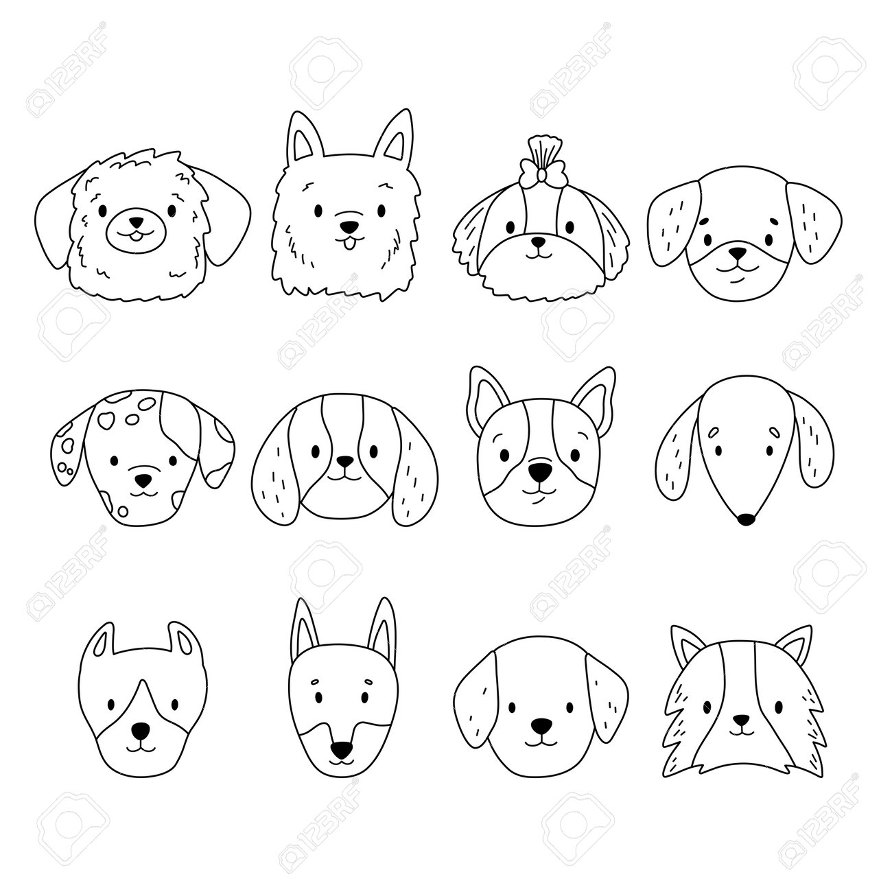 Doodle coloring page with dogs faces black and white puppies heads cartoon breeds of dogs hand drawn pets vector illustration royalty free svg cliparts vectors and stock illustration image