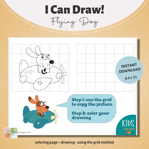 Coloring page i can draw series grid drawing flying dog printable instant download