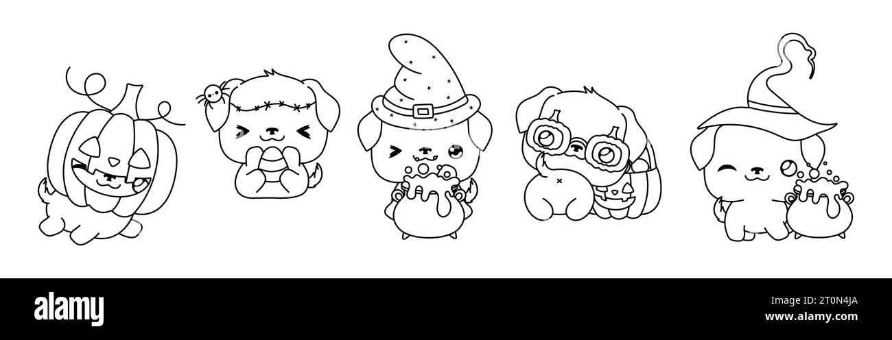 Set of kawaii halloween rottweiler dog coloring page collection of vector halloween animal outline stock vector image art