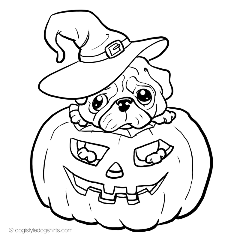 Pug in jackolantern coloring page puppy coloring pages dog coloring page halloween coloring sheets