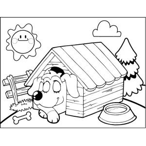 Pretty dog in dog house coloring page