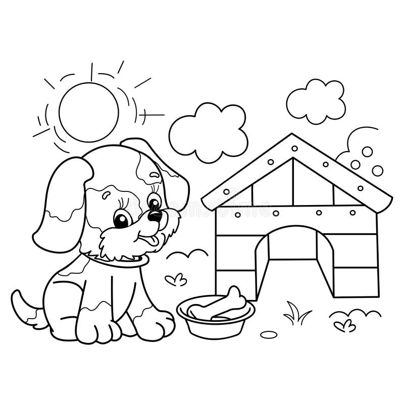 Coloring page outline of cartoon little dog with dog house and bone cute puppy in village summer stock vector