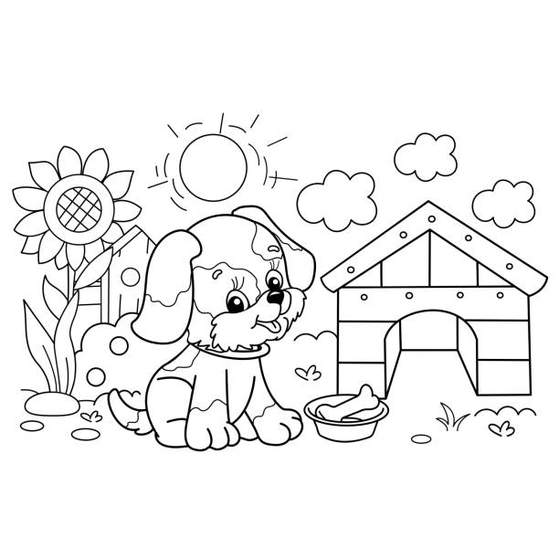 Coloring page outline of cartoon little dog with dog house and bone cute puppy in village summer coloring book for kids stock illustration