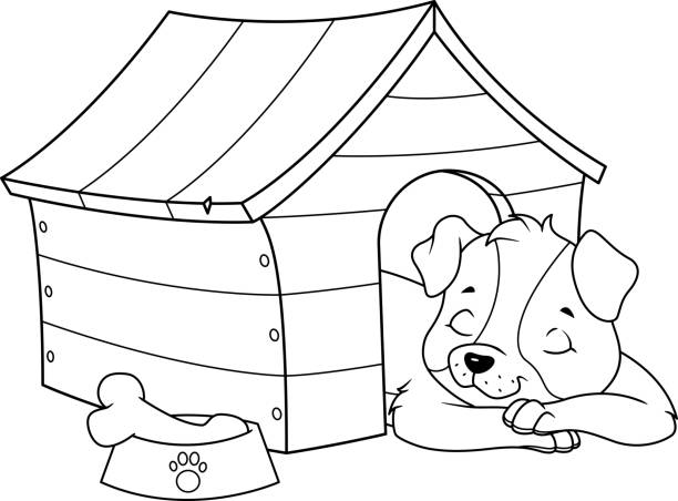 Puppy sleeping in doghouse coloring page stock illustration