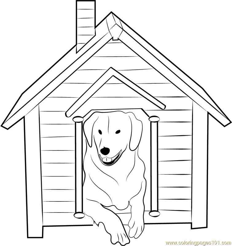 Dog house with dog inside coloring page for kids