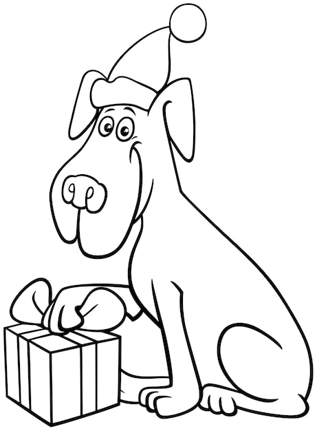 Premium vector ic dog with gift on christmas time coloring page