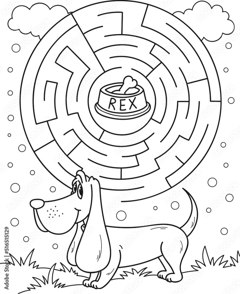 Help the dog to find his bone coloring page outline of the cartoon labyrinth colorful vector illustration of educational maze game for preschool children summer coloring book for kids vector