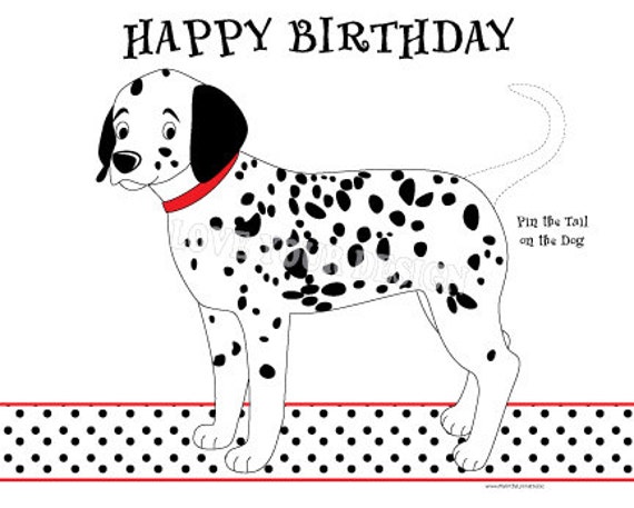 Pin the tail on the dalmatian dog game happy birthday party and free dog coloring page instant download files you print