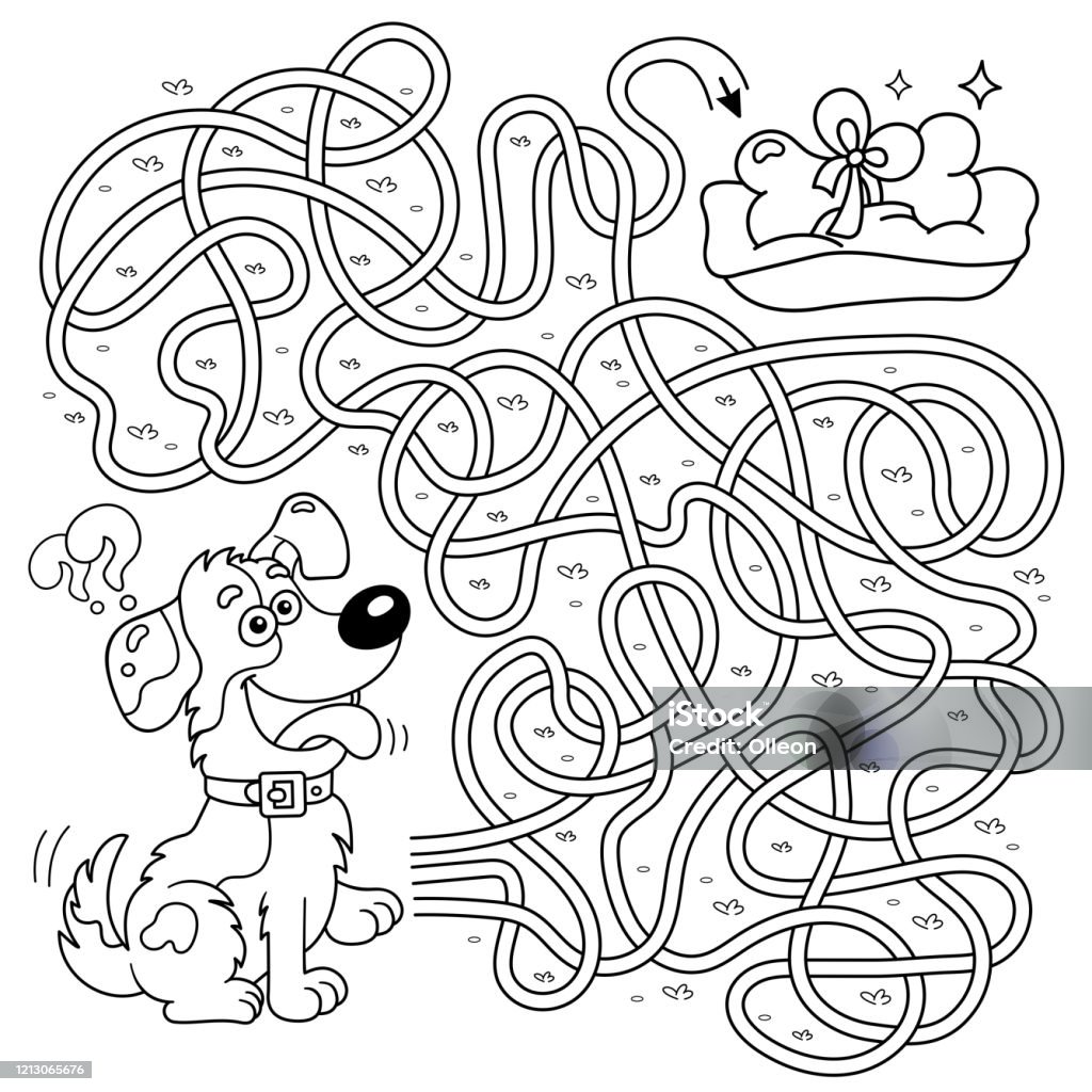 Maze or labyrinth game for preschool children puzzle tangled road matching game coloring page outline of cartoon dog with bone coloring book for kids stock illustration