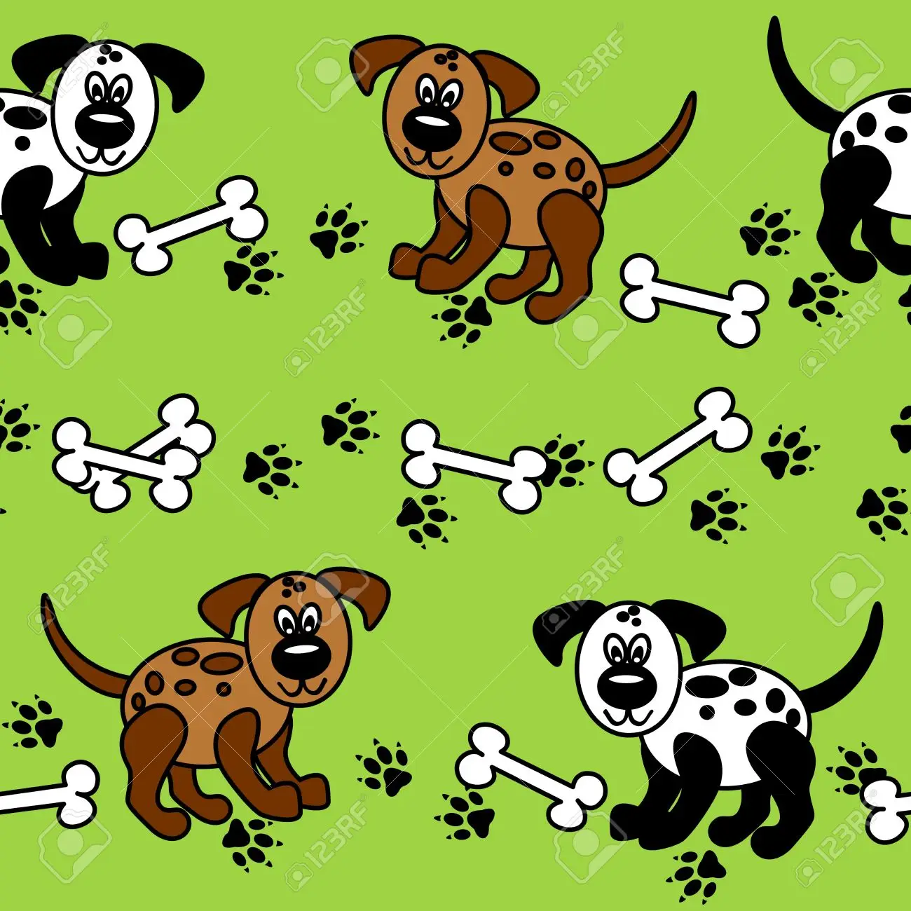 Cute and fun spotted cartoon dogs with paw prints and bones that can be used as borders or full wallpaper pattern perfect for pet related articles royalty free svg cliparts vectors and