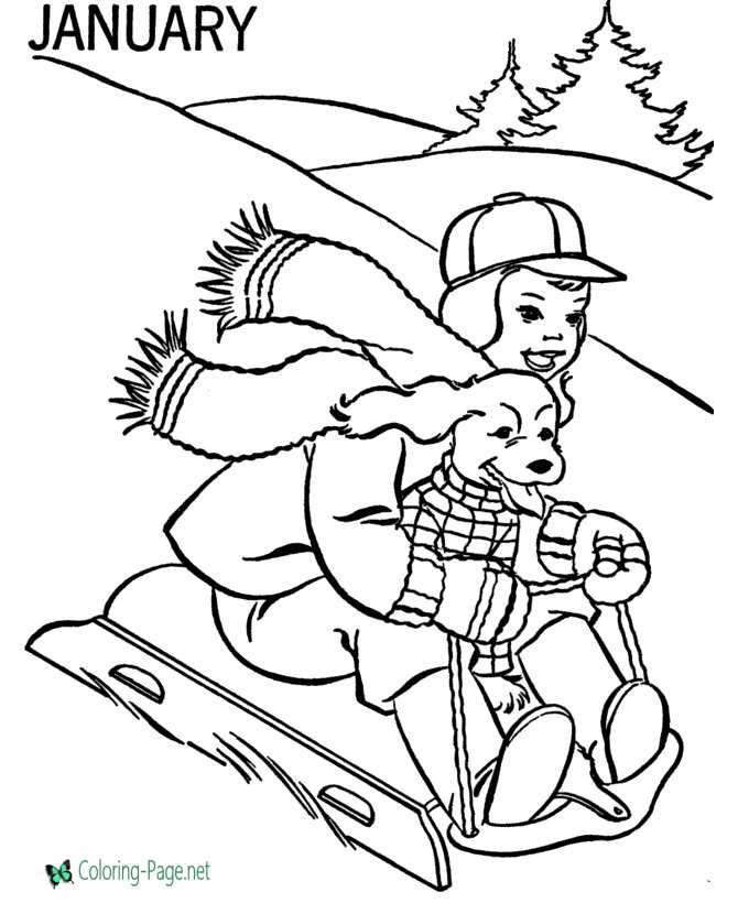 Winter coloring pages dog boy on sled