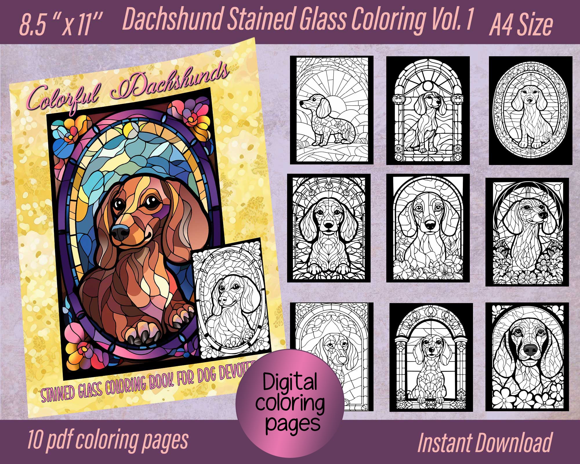 Dachshund serenade stained glass coloring pages vol for dog devotees digital pdf files instant download â