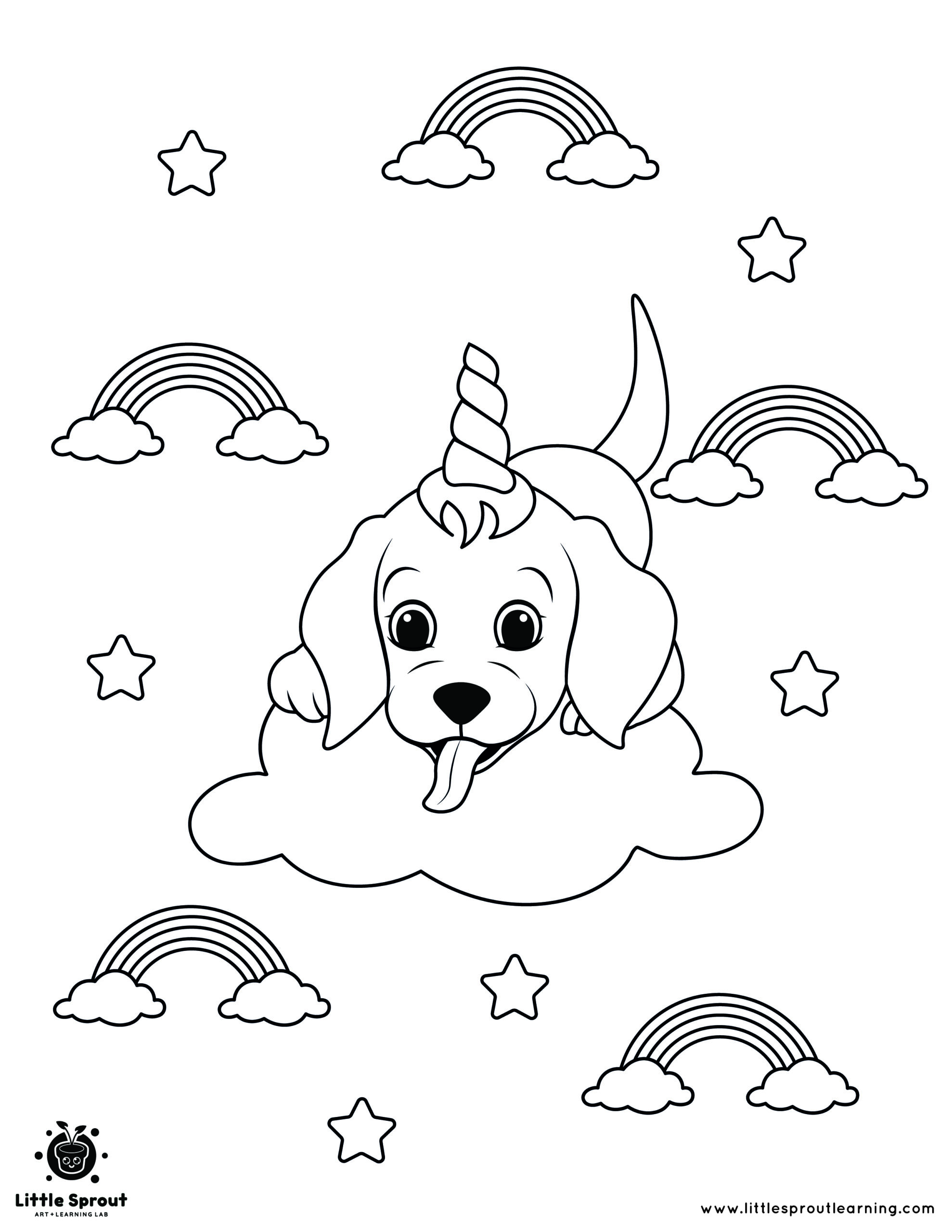 Rainbows and a unicorn dog coloring page
