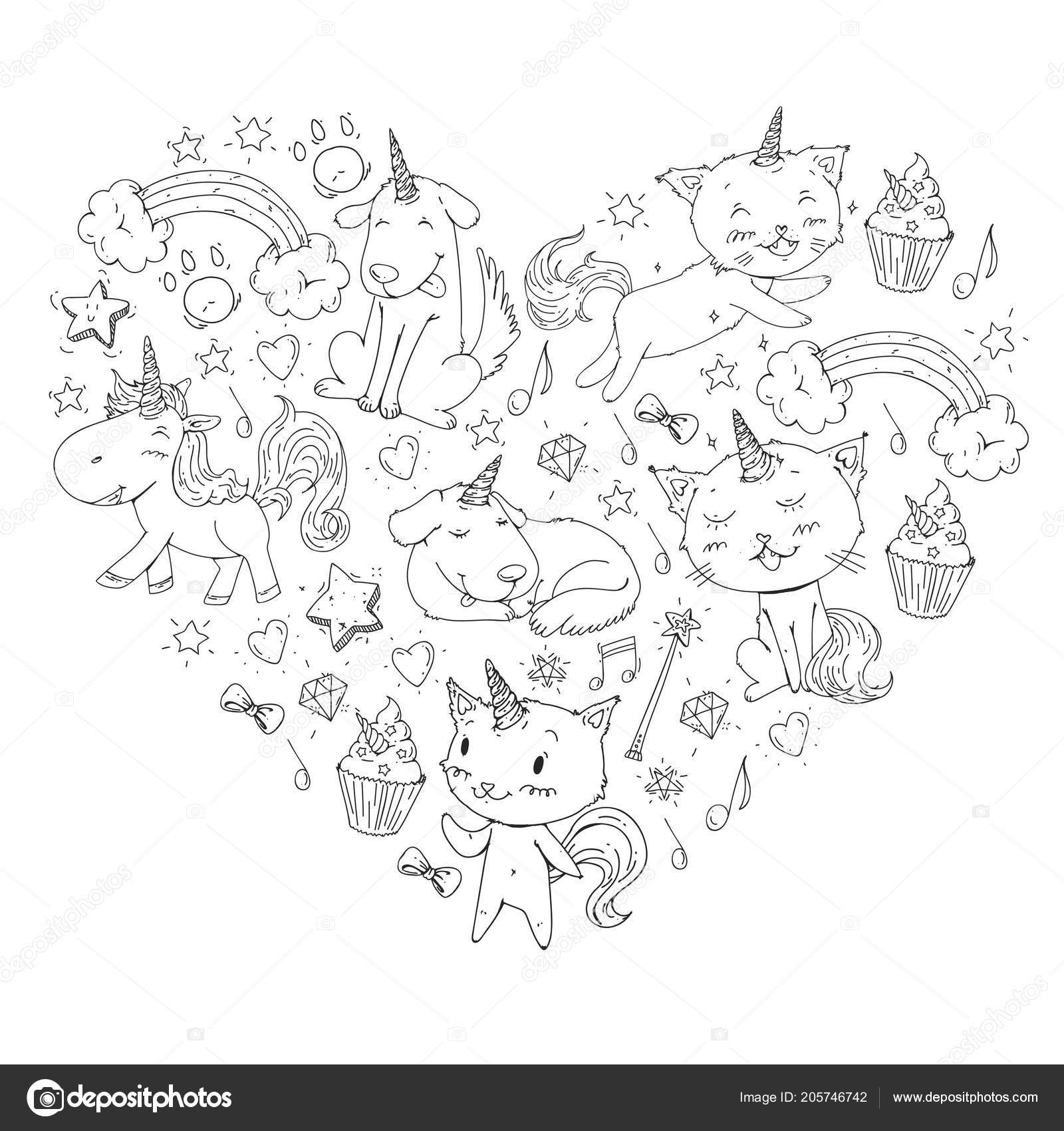 Unicorn cats dog horse pony vector image coloring page for children book kindergarten background for banners clothing posters stock vector by helenf