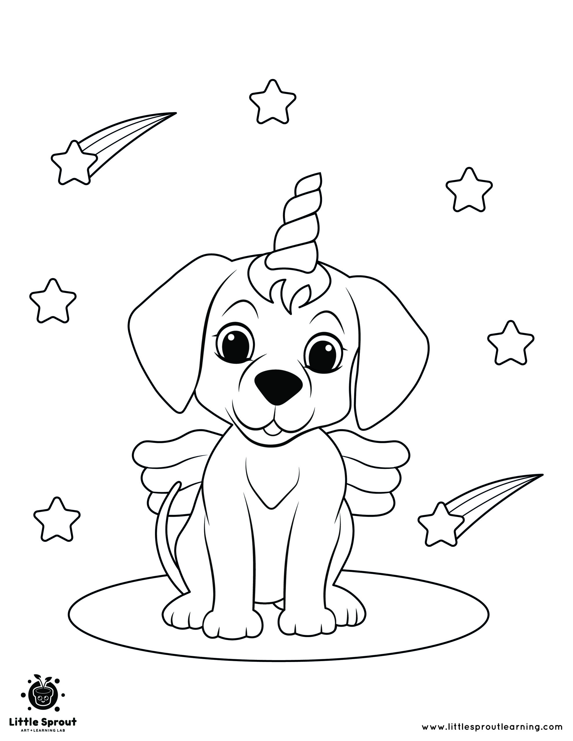 Shooting stars unicorn dog coloring page