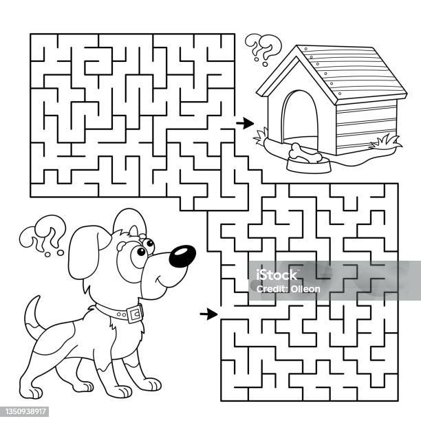 Maze or labyrinth game puzzle coloring page outline of cartoon little dog with doghouse or kennel coloring book for kids stock illustration