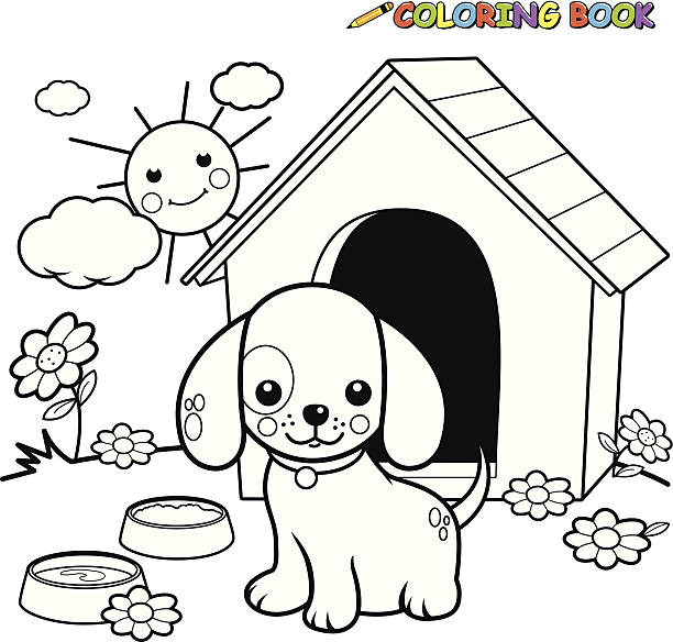 Coloring book dog outside doghouse stock illustration