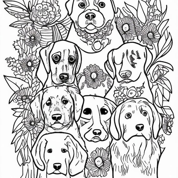 Dogs and flowers abstract coloring page pdf digital download instant download