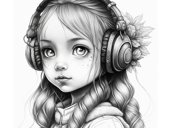 Music anime girl coloring page printable adult coloring pages book download lightdark greyscale illustration