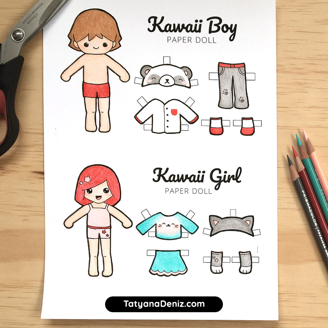 Free printable kawaii paper dolls colouring pages