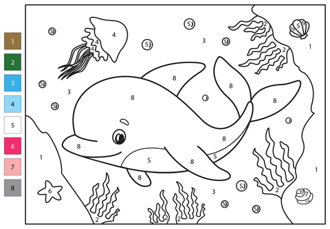 Dolphin color by number free printable coloring pages