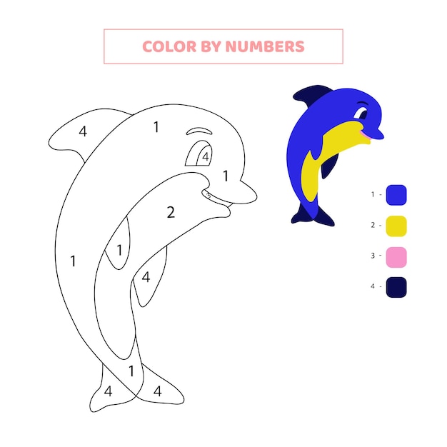 Premium vector color cute dolphin by numbers worksheet for kids