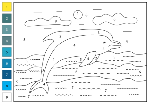 Dolphin color by number free printable coloring pages