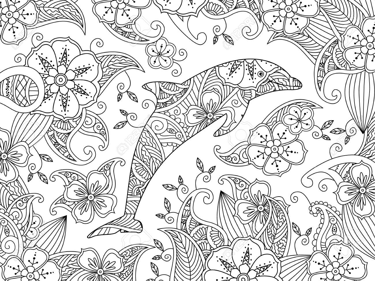 Coloring page with one jumping dolphin on floral background horizontal position coloring book for adult and older children editable vector illustration royalty free svg cliparts vectors and stock illustration image