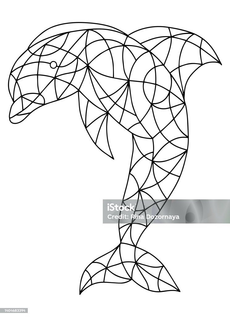 Black and white illustration in stained glass style with abstract dolphin image for coloring book and coloring page stock illustration