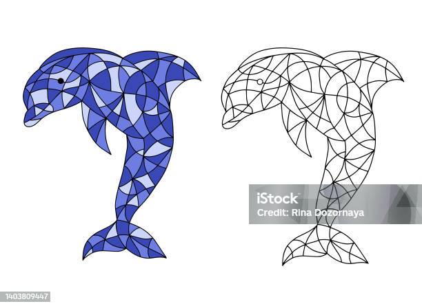 Black and white and colored illustration in stained glass style with abstract dolphin image for coloring book and coloring page stock illustration