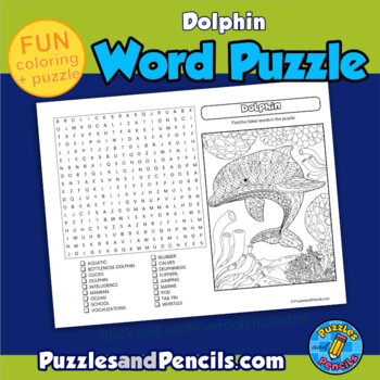 Dolphin word search puzzle and coloring activity page marine life