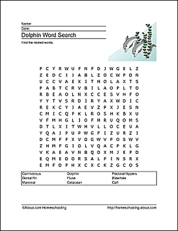 Dolphin printables word search vocabulary crossword and more word find dolphins homeschool science